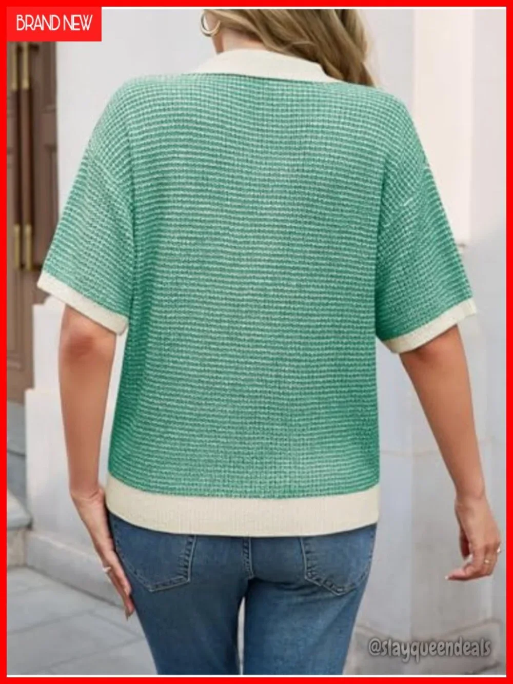 Women's Striped Color Block Cropped V-Neck Short Sleeve Knit Pullover Sweater